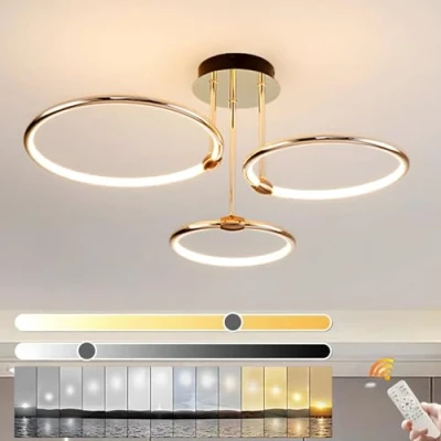 Bild av YYUTLUO LED Taklampa, Ø56cm Guld Metall Cirkel Ljuskrona, 60W Steglös Dimbar 3000 6000K, Modern Rund Galvaniserad Pendel, Sovrum Vardagsrum Barn Kontor Arbetsrum Kök Hall(3 Ring)