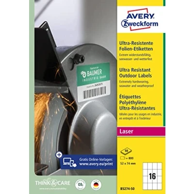 Bild av Avery B5274 50 52 x 74 mm, A4, belagd, matt, Vit 311x220x23mm (50 ark) per låda)