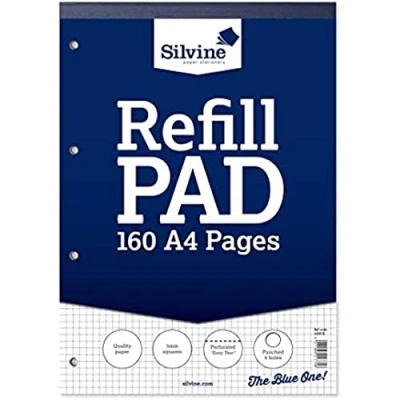Bild av Silvine 160 sidor A4 påfyllningsdyna, huvudbunden och stansad 4 hål. Linjerade 5 mm fyrkanter. Ref A4RPX