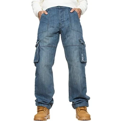 Bild av BRAND KRUZE Designer Combat Byxor Casual Cargo Jeans Arbetsbyxor Alla Midjestorlekar, Mid stentvättad, 38W x 32L