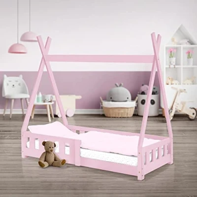 Bild av ML Design Barnsäng Tipi 70x140 cm rosa med fallskydd och lamellstomme, tillverkad av furu, indisk säng massivt trä för flickor pojkar, hus staket barnhus ungdomssäng leksäng tält
