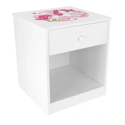 Bild av leomark klassiskt vitt nattduksbord för barn, kompakt med låda, perfekt barnens sovrum, barnkammare 33,5x40x34cm, förvaring av nödvändigheter, rosa Enhörning