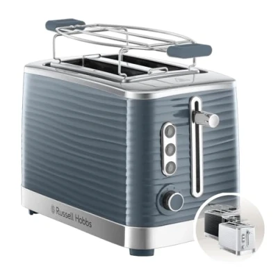 Bild av Russell Hobbs brödrost, rostar 2 skivor, 6 justerbara rostningsgrader, extra breda fack, uppvärmningsgaller, upptining och uppvärmningsfunktion, grå, 1050W, Inspire Exklusiv för Amazon