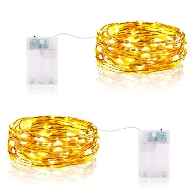 Bild av LED ljuskedja batteri, 2 x 20 mikro batteridriven trådljuskedja med timer för bröllop, rum, trädgård, juldekoration (varm vit, stycken)