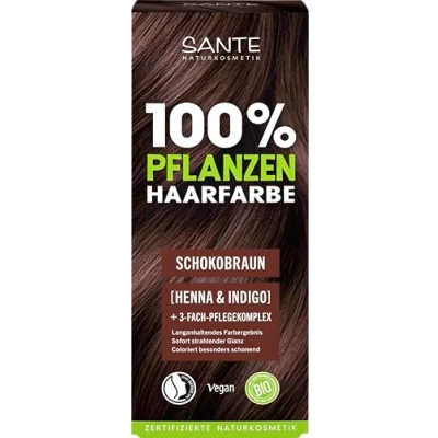 Bild av SANTE Naturkosmetik 100% växthårfärg pulver 02 chokladbrun, vegansk hårfärgning med ekologisk henna och indigo, långvarig brun, naturlig gråtäckning glans, 3 vägs vårdkomplex, 100 g