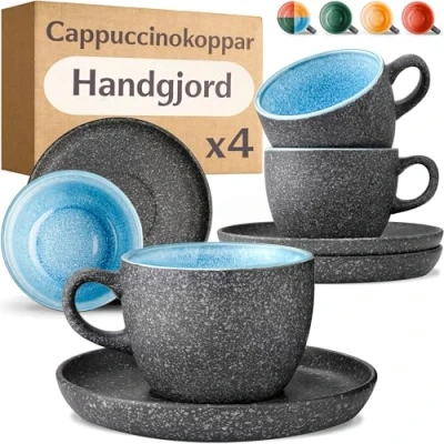 Bild av Cosumy Cappuccinokoppar Set om 4 200ml Keramiska Kaffekoppar med Fat Extra Tjockt Stengods Handgjord Reaktiv Glasyr Håller Värmen Längre (Blå färg)