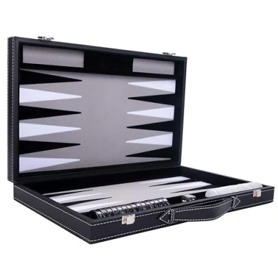 Bild av Engelhart Lyxig backgammon 38 cm Högkvalitativa material Simili läder, speciellt filtinlägg pärlstärning och token + 2 koppar Pro. fritid (Grå)