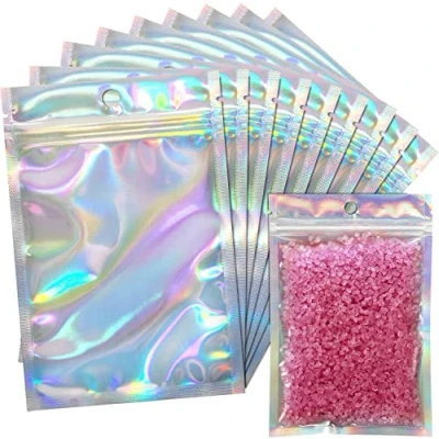 Bild av KAHEIGN 100 st folie ziplock påsar, 10 x 15 cm holografisk färg mylar väskor dubbelsidiga metallfolie platt luktsäkra förvaringsväskor för festgåvor smycken godis kakor