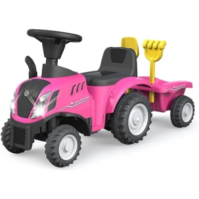 Bild av JAMARA 460357 Glidare New Holland T7 Traktor från 12 månader, sitthöjd 270 mm, tippskydd, originaltroget utseende, släpvagn med spade och kratta, LED ljus, rosa