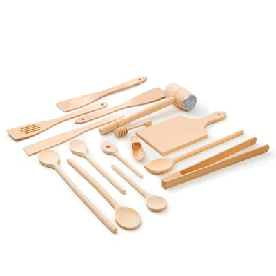 Bild av tuuli Kök Köksredskap i trä 15 delar set (6x matlagningssked, 4x stekspade, honungsdipper, grilltång, skärbräda, köttanbudshammare, kryddsked)