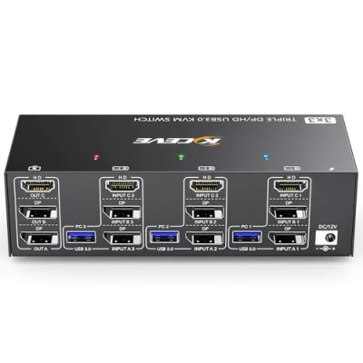 Bild av KVM switch 3 bildskärmar datorer 8K@60Hz 4K@144Hz,HDMI+2 Displayport trippelskärm för datordelar och 4 USB3.0 enheter, trådbunden fjärrkontroll 12V strömadapter ingår
