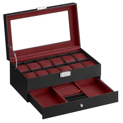 Bild av SONGMICS Klockbox, klockfodral, glaslock, 2 nivåer, 12 klockor, låsbart, 1 låda, presentidé, svart PU, Bordeauxrött foder JWB012R01