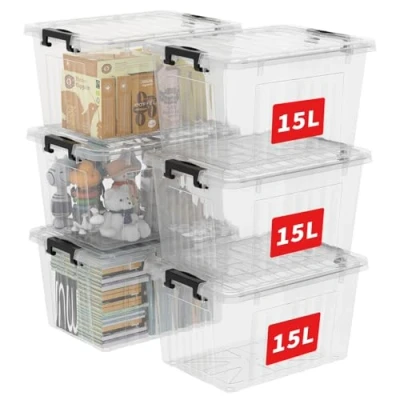 Bild av Cetomo 15L* 6 förvaringsboxbehållare med klickstängning och lock Stapelbar transparent arrangör