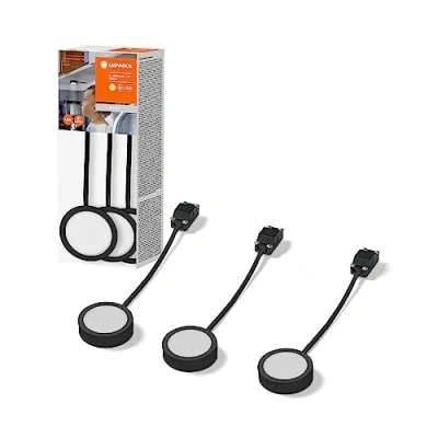 Bild av LEDVANCE PUCK underskåpsljus 65mm 830BK, 3x3W, 3x330lm, rund design och varmvitt ljus (3000K), set med tre integrerad LED modul, IP20 skydd