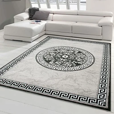 Bild av Traum Modern matta, designermatta, orientalisk matta med glittergarn, vardagsrumsmatta kant och cirkelmönster i grått, antracit gräddvitt