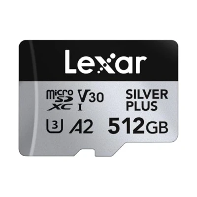 Bild av Lexar Silver Plus micro SD kort 512 GB, upp till 205 MB/s läshastighet, 150 skrivhastighet, minneskort med adapter, UHS I, A2, U3, V30, klass 10, 4K UHD microSDXC