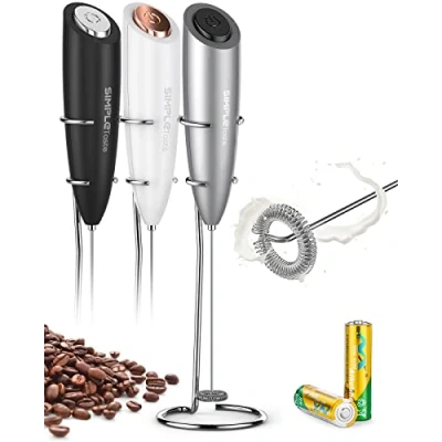 Bild av SimpleTaste Bärbar elektrisk mjölkskummare med 2 batterier och stativ i rostfritt stål, manuell kraftfull elmotor, silver