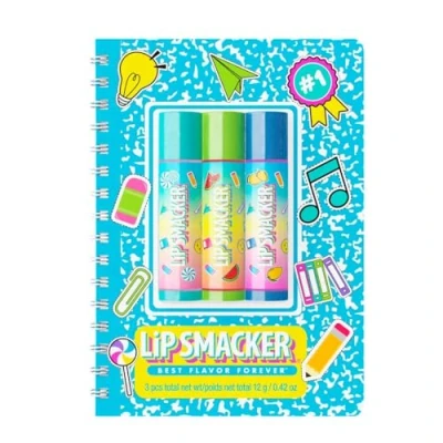 Bild av Lip Smacker, Back to School Collection, Spiral Notebook Balm Trio, 3 Delat Läppbalsamset med ett Sött Anteckningsbok för Barn, Roliga Läppbalsam Blå