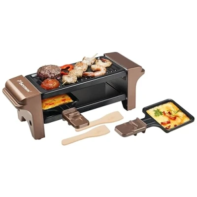 Bild av Bestron Racletteapparat, Mini Grill för 12 personer, med 2 stekpannor och spatlar, non stick beläggning, 350 watt, färg: Koppar