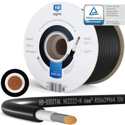 Bild av hb digital solkabel H1Z2Z2 K 100m TÜV Rheinland testad 6 mm² UV beständig flexibel ren koppar 1500V solcellsförlängningskabel för solpanel växelriktare laddningsregulator svart