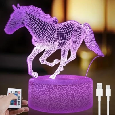 Bild av häst nattlampa för barn, 3D illusion lampa barnrum LED ljus, flickor nattlampor fjärrkontroll 16 färgskiftningar dimbar, presenter till pojke vardagsrum sovrum dekor
