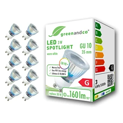 Bild av 10x greenandco® CRI 90+ LED spot ersätter 30W GU10 35mm halogenstrålkastare, 3W 160lm 3000K varmvit 50 230V AC, flimmerfri, inte dimbar