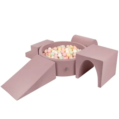 Bild av KiddyMoon Skumlekplats med rund bollpool (300 bollar) bollgropar för barn leksaker hinder, Ljung: pastellbeige/pastellgul/vit/mint/puderrosa