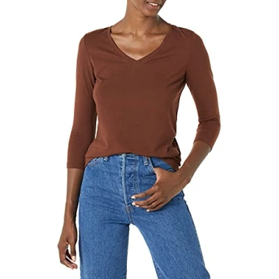 Bild av Amazon Essentials Women&#039;s V ringad T shirt klassisk passform med kvartsärmar (finns i plusstorlek), Mörkbrunt, S
