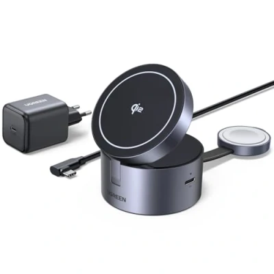 Bild av UGREEN MagFlow 3 i 1 Magsafe kompatibel laddare, Qi2 certifierad 15W, 70 justerbar laddningsstation för iPhone 16/15/14/13/Watch/AirPods, Watch och med 45W strömadapter