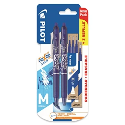 Bild av Pilot Frixion Clicker infällbara raderbara gelbläckpennor blått bläck medium 0,7 mm spets blisterförpackning med 2 + 6 bonuspåfyllningar