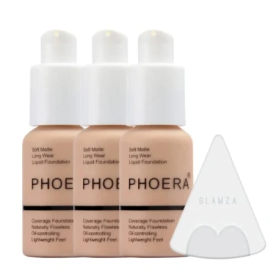 Bild av Glamza Phoera foundation sminkset med full täckning 24 timmar långvarig oljekontroll mjuk slät matt felfri concealerkräm Inc x3 30 ml &amp; silikonblandarsvamp (103 varm persika)