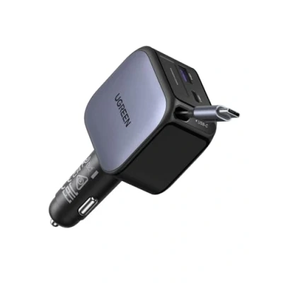 Bild av UGREEN 3 i 1 cigarettändare 90W infällbar billaddare 60W inbyggd USB C kabel biltillbehör 12V biladapter för iPhone 16/15, Macbook, Galaxy S25/24, GPS etc.