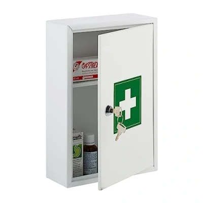Bild av Relaxdays Medicskåp, låsbart, 2 fack, H x B D: 32 21,5 9,5 cm, för mediciner, läkeskåp, vit/grön, järn