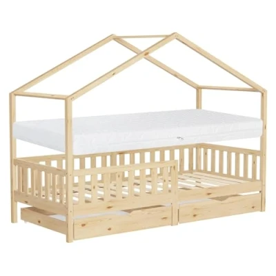 Bild av ML Design barnsäng hussäng 90x200 cm naturfärgad med madrass H:16 träsäng 2 lådor fallskydd ribbotten leksäng av furu Montessorisängram golvsäng hus junior för barn lek och vila trygg sovplats