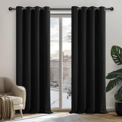 Bild av Deconovo Gardiner mörkare öljetter sovrum termo gardin öljetter, 260x140 cm (höjd x bredd), svart, uppsättning med 2