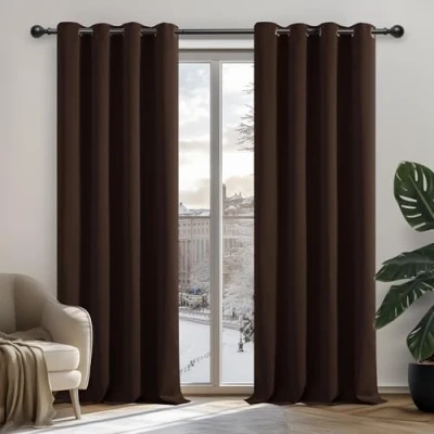 Bild av Deconovo Mörkläggningsgardiner med öljetter, ogenomskinlig gardin för vardagsrum, termogardiner vinter, 138 x 132 cm (längd bredd), mörkbrun, set om 2