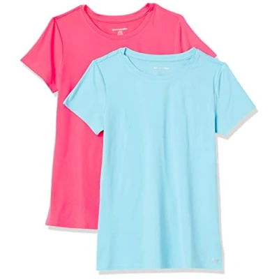 Bild av Amazon Essentials Dames Tech stretchig kortärmad T shirt med rund hals (finns i plusstorlek), 2 Pack, Blå/Neonrosa, XS