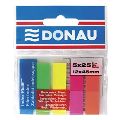 Bild av DONAU 7577001PL 99 index flikar klistermärke bokmärke klisterremsor/minifästmarkör av 60 μm PP folie/ 12x45 mm, 5 x 25 stycken, textmarkörremsor beskrivbar/olika neonfärger