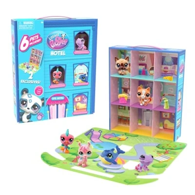 Bild av BANDAI Littlest Pet Shop Hotel lekset med 6 PetShop djur, inklusive 2 exklusiva samlarbara minidjurfigurer tillbehör leksak för barn från 4 år BF00595