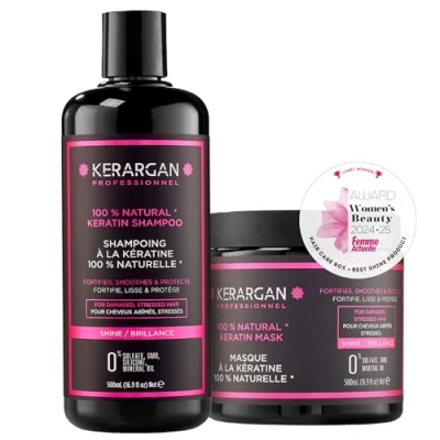 Bild av Kerargan Shampoing et Masque à la Kératine Pour Fortifier Protéger Cheveux Secs Abîmés Sans Sulfate, Paraben Silicone 2x500 ml