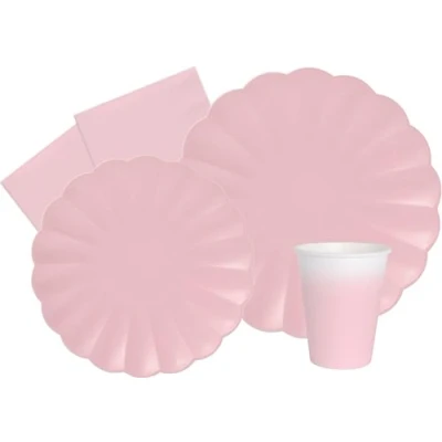 Bild av Party Tableware Set Flower Shape for 24 people (112 pcs: plates Ø23cm, Ø18cm, cups 200ml, 40 napkins 33x33cm) in eco friendly compostable paper, pastel pink