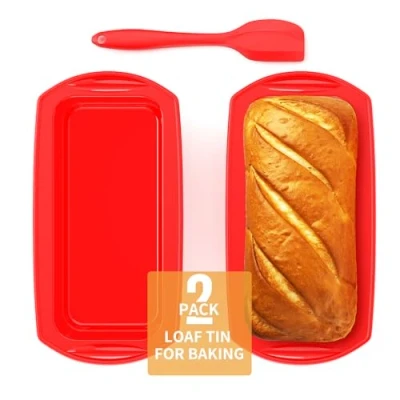 Bild av Ankway Rektangulär silikonbrödbakform med degskrapa, uppsättning om 2 non stick silikonbakform lådform för tårtor och bröd, 28 x 14,3 6,3 cm, röd
