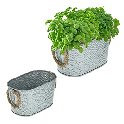 Bild av Relaxdays Zinkpanna set om 2, planteringskruka i hammarslag look, dekorativa järnbadkar 2 storlekar, med jutehandtag, silver