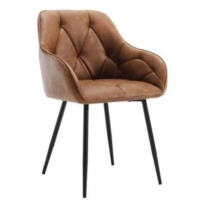 Bild av Woltu Matrumsstol, köksstol, stol till matsal, vardagsrum, ergonomisk fåtölj, armstödsstol, sits av konstläder i vintagestil, stoppad stol, metallben, brun, EZS03br 1