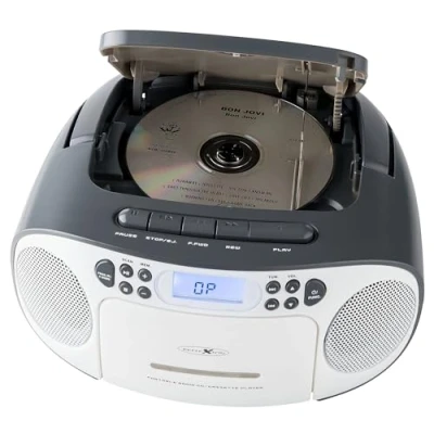 Bild av Reflexion CD spelare med kassett och radio för nät batteridrift (PLL FM radio, LCD display, AUX ingång, hörlurskontakt), vit/grå, RCR2260