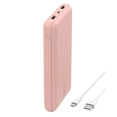 Bild av Belkin BoostCharge bärbar USB C laddare och 20K powerbank med 1 2 A portar samt kabel för till iPhone 15, 15 Plus, Pro, Pro Max, Samsung Galaxy S24, m.fl. Rose guld