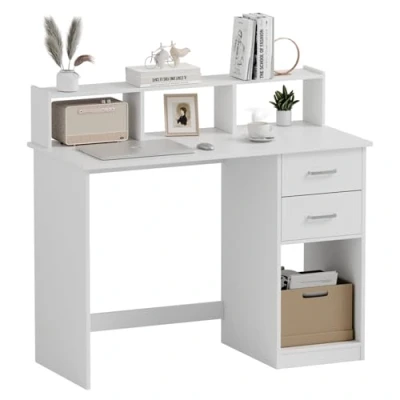 Bild av Mondeer Vitt datorskrivbord med 2 lådor och förvaringshyllor, 105 x 48 94 cm, laptop studiebord för litet utrymme hemmakontor arbetsstation