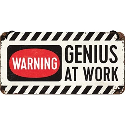 Bild av Nostalgic Art Plåtskylt i retrostil för upphängning, Genius at Work Varningsskylt som presentidé, av metall, Deko vintagedesign, 10 x 20 cm
