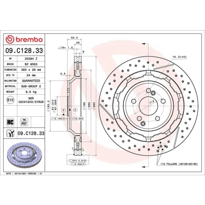 Bild av BREMBO 09.C128.33 disque de frein 360 26 5 ventilé l&#039;intérieur, fendu/perforé, en deux parties revêtu à haute teneur carbone