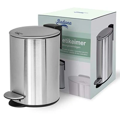 Bild av BADIONA Sminkhink badrum 3 l rostfritt stål automatisk sänkning papperskorg soptunna silver kosmetikapapperskorg badrumsavfallskorg krom kosmetisk hink metall liten